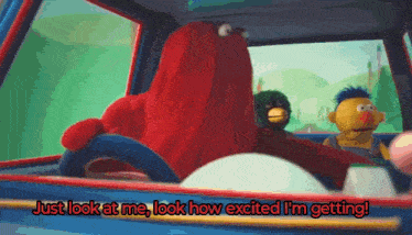 a cartoon character says " just look at me look how excited i 'm getting " while driving a car