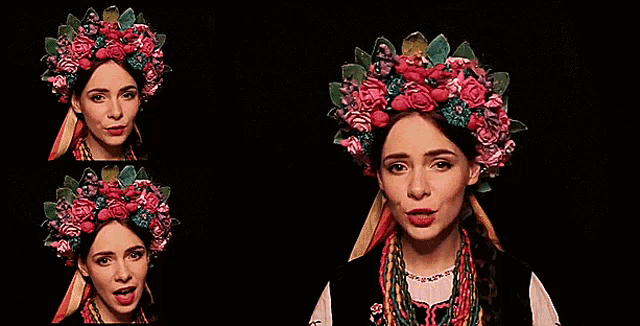a woman wearing a floral wreath on her head and a necklace