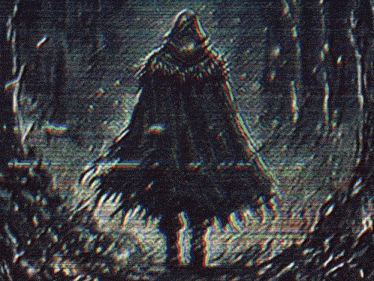 a painting of a person in a cape standing in the woods