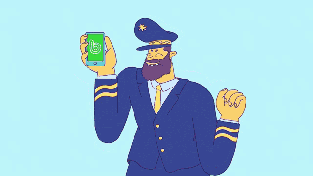 a cartoon of a man in a suit holding a cell phone with a letter b on it