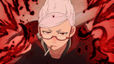 a woman with glasses and a cigarette in her mouth is surrounded by blood