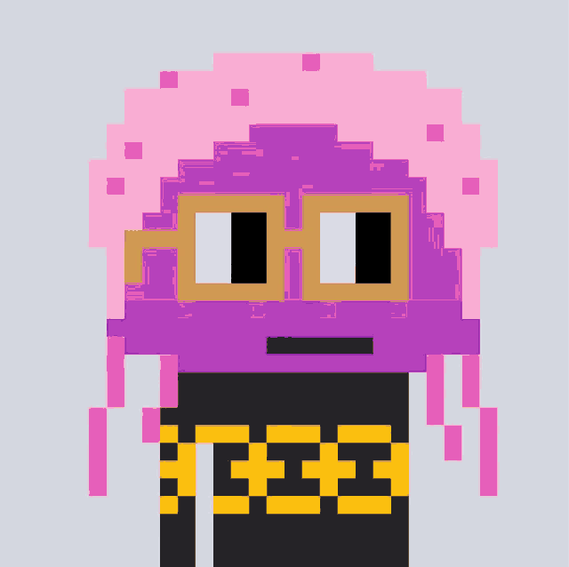 a pixel art of a purple jellyfish with pink hair and sunglasses