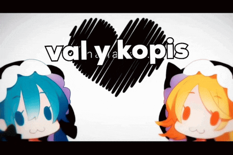 two anime characters are standing in front of a heart that says valykopis