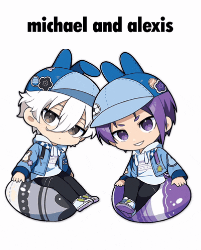 a couple of anime characters sitting next to each other with the name michael and alexis on the bottom