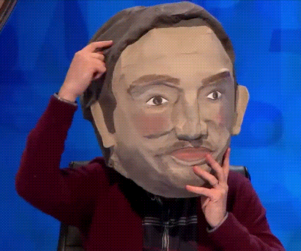 a person wearing a mask of a man scratching their head