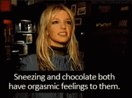 a woman is sneezing and chocolate both have orgasmic feelings to them .