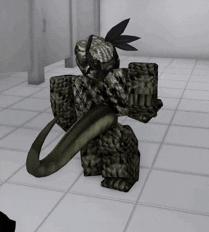 a video game character with a long tail is standing on a tile floor