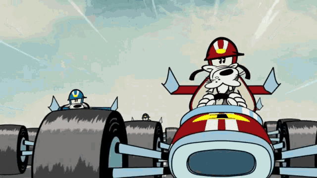 a cartoon of a cat driving a race car with the letter u on his hat