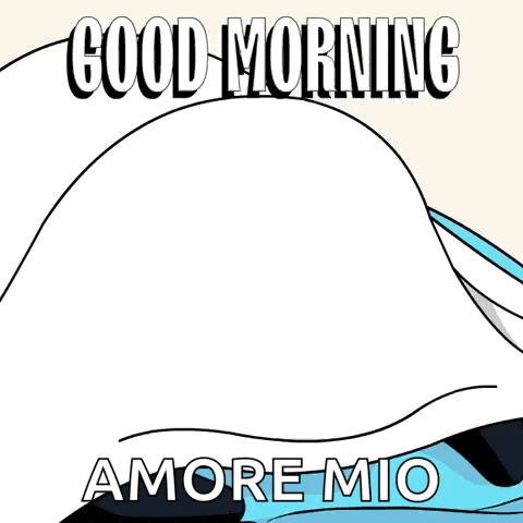 a penguin laying under a blanket with the words " good morning amore mio "
