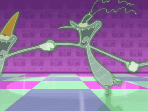 two cartoon characters are dancing in front of a purple wall