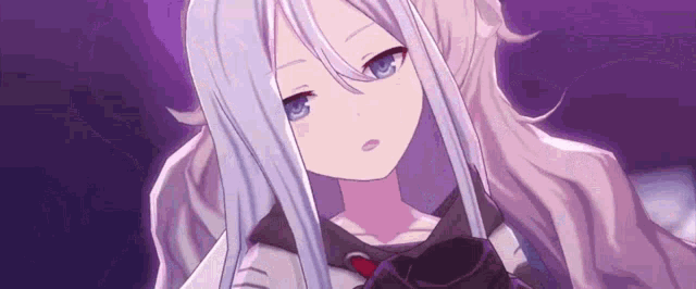 a girl with long white hair and blue eyes is standing in a dark room .
