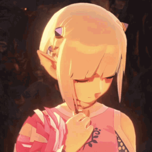 a girl with blonde hair and purple horns is wearing a pink dress