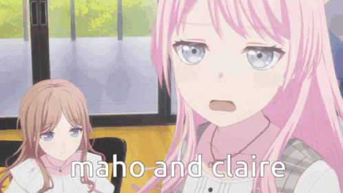 a close up of a girl 's face with the words maho and claire above her