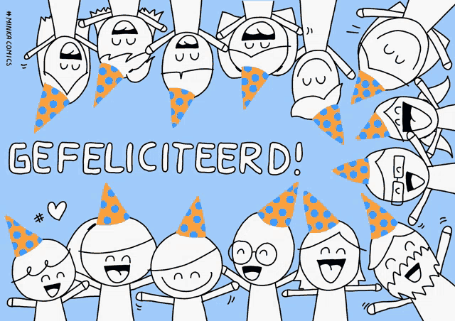 a cartoon of people wearing party hats with the words gefeliciteerd in the middle