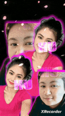 a woman in a pink shirt is surrounded by purple letters that spell out hu