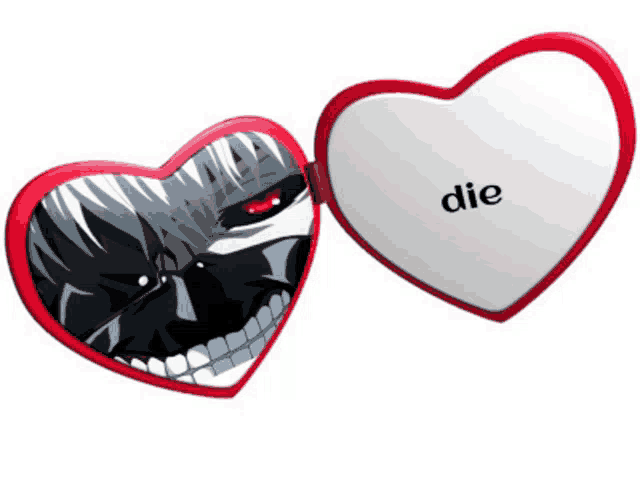 a heart shaped mirror with a picture of a skull and the word die on it