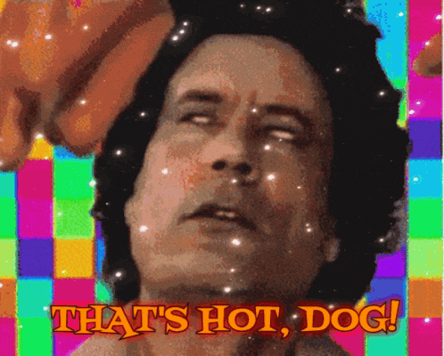 a man is holding a hot dog over his head and the words that 's hot dog are above him