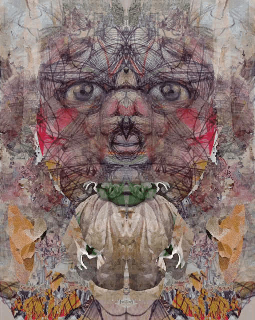 a painting of a man 's face is surrounded by other paintings
