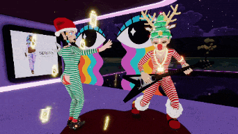a man in a reindeer hat is playing a guitar next to a woman in striped pajamas