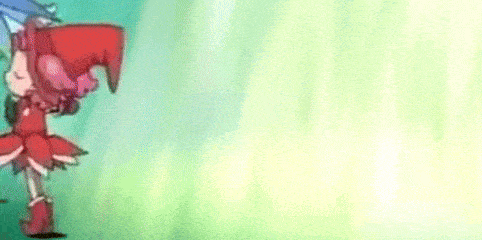 a cartoon character in a red dress is holding a microphone and walking down stairs .