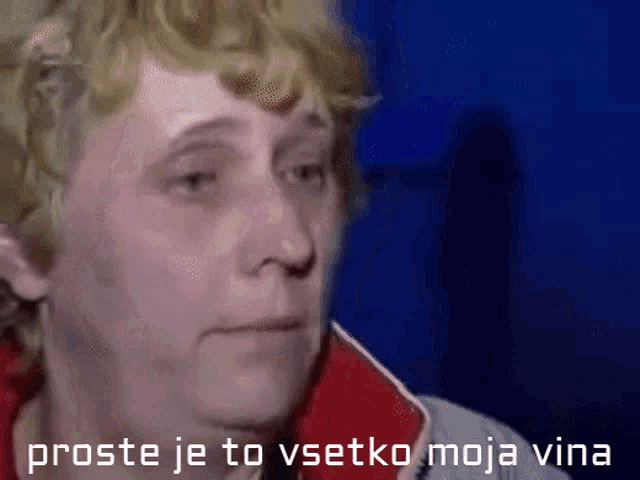 a close up of a woman 's face with the words proste je to vsetko moja vina above her
