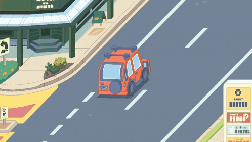 a jeep is driving down a road in front of a store that says place