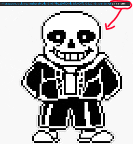a picture of sans from roblox with a red arrow pointing to the bottom