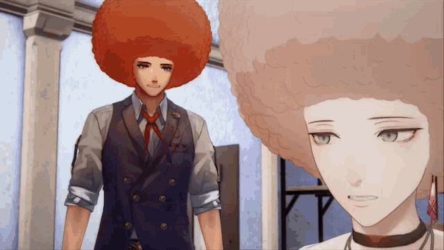 a man with an afro stands next to a girl with a choker