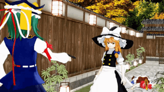 two anime characters are standing next to each other