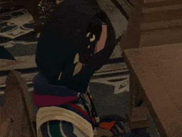 a person in a video game is standing in a room with tables and pillars .
