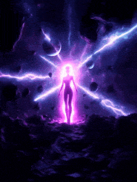 a woman is standing in the middle of a purple lightning storm in space