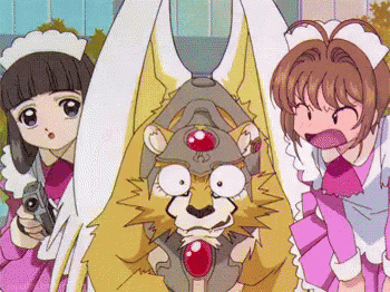 a group of anime girls are standing around a lion wearing a knight 's helmet