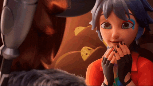 a cartoon character with blue hair and black nails is smiling