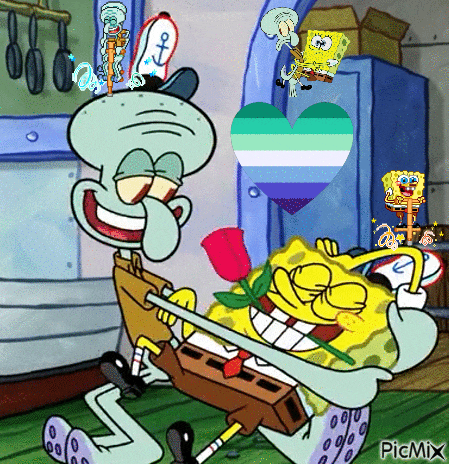 a picture of spongebob and squidward with a heart in the background