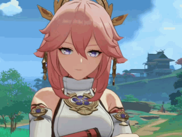 a girl with pink hair and blue eyes is wearing a white top