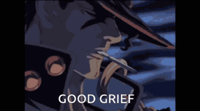 a cartoon of a man smoking a cigarette with the words " good grief " above him