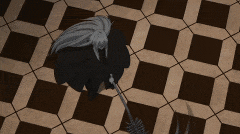 a person with long grey hair is holding a sword on a checkered floor