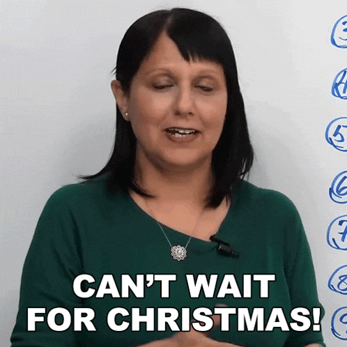 a woman is saying " can 't wait for christmas "