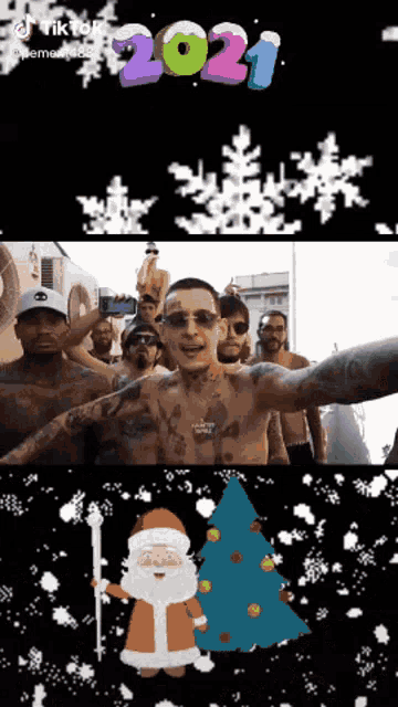 a group of men are standing in front of a christmas tree with the year 2021 written above them