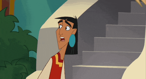 a cartoon character is standing on a set of stairs with a surprised look on his face