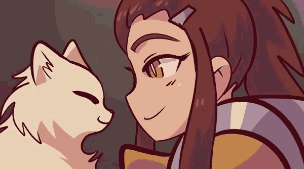 a cartoon drawing of a girl looking at a white cat