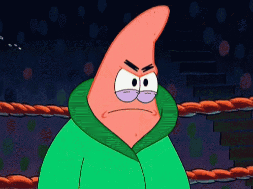 patrick star from spongebob is wearing a green hoodie and has an angry look on his face