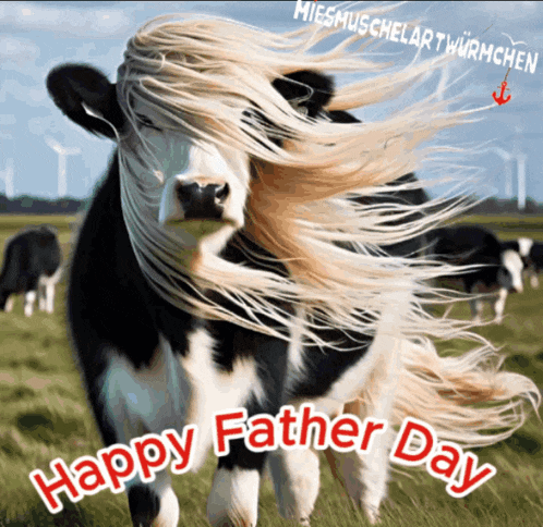a picture of a cow with long hair and the words happy father day below it