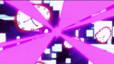 a clock with roman numerals is surrounded by other clocks and a purple background