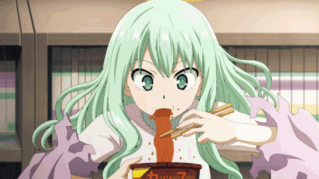 a girl with green hair is eating something from a cup