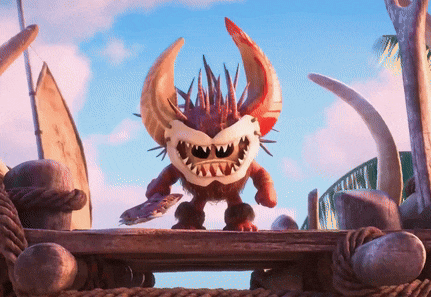 a monster with horns and sharp teeth is standing on a wooden bridge
