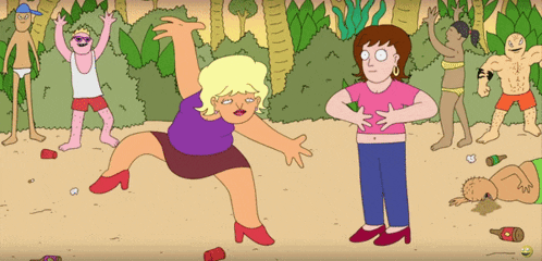 a cartoon of a woman in a purple skirt dancing