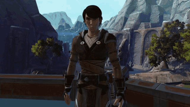 a man in a video game is standing in front of mountains
