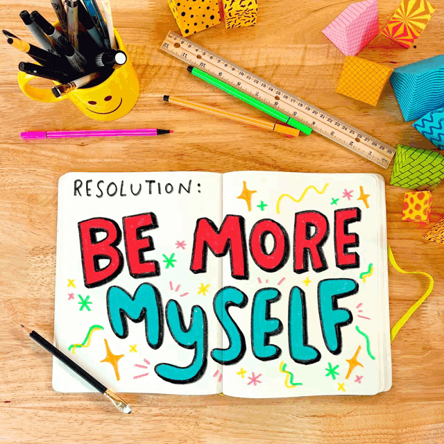 a notebook that says resolution be more myself