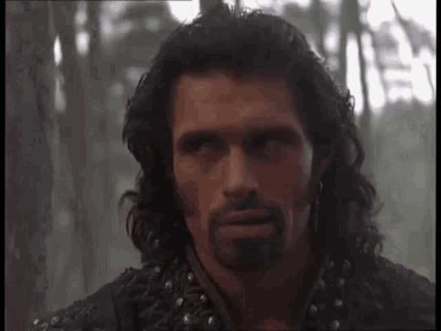 a man with long hair and a beard is standing in a forest looking at the camera .